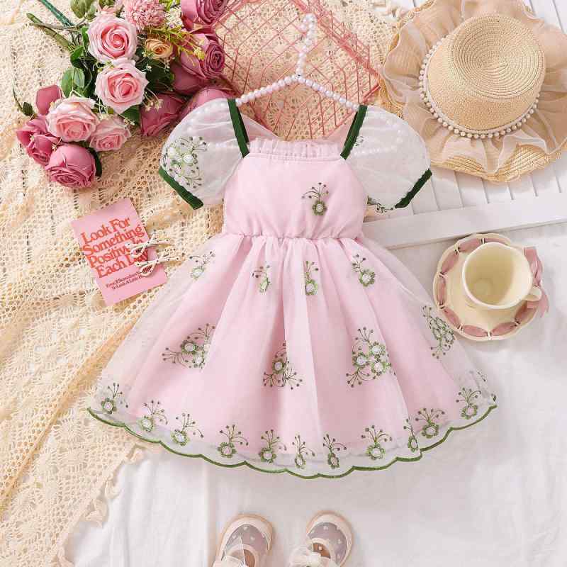 女の子 ワンピース キッズ 子供服 春夏 夏用 ピンク かわいい プリンセス 花柄 レース チュール スカート Aライン 短袖 涤纶 ポリエステル 軽量 通気性 涼しい ガーリー 田園 プリント 柄 プリーツ フレア スカート 女児 ガールズ ドレス フ