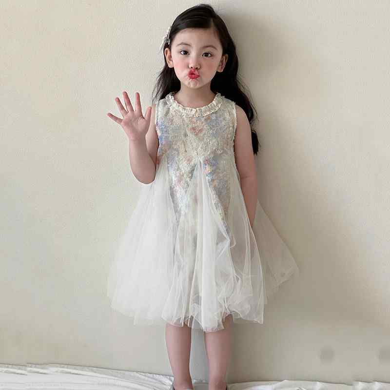 女児 ワンピース 夏 子供服 かわいい プリンセスドレス 無袖 チュール スカート 綿混紡 軽量 通気性 花柄 3〜8歳 90〜150cm 女の子 夏服 フレア スカート ソフト素材 涼しい デザイン ガールズ ドレス