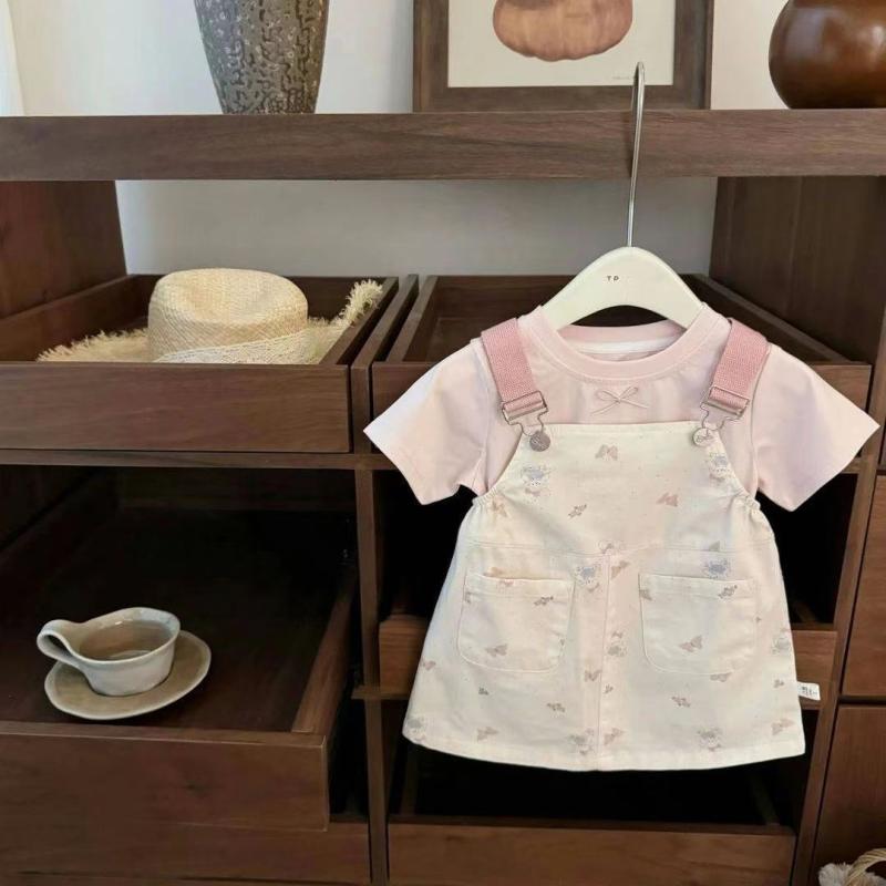 女の子 夏服 背帯スカート セット 短袖 トップス 2点組 かわいい 薄手 綿素材 柔ら...