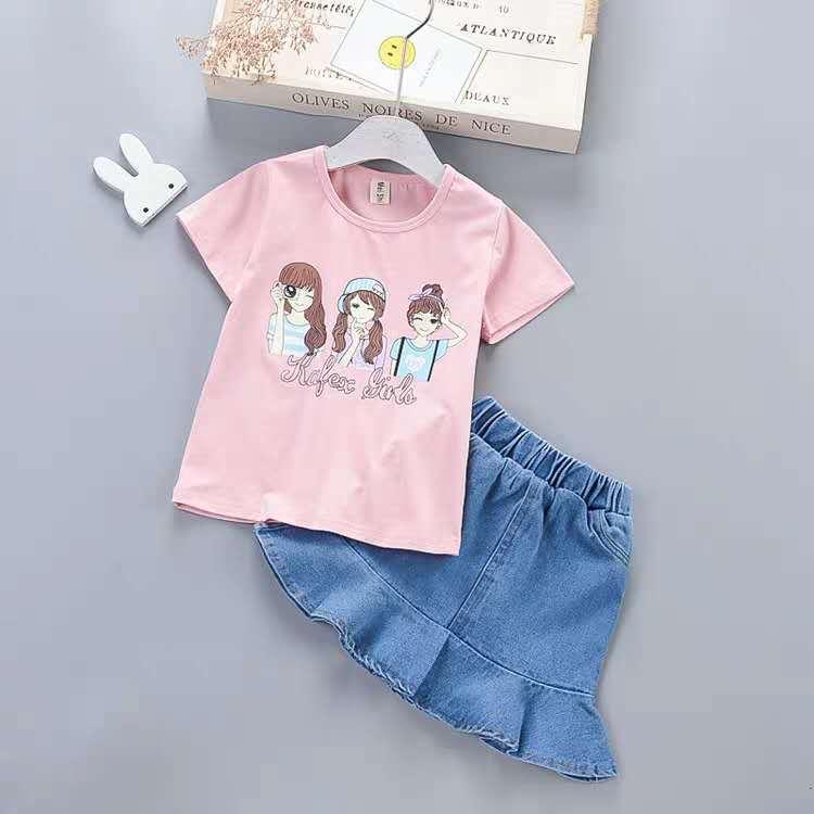 Top & Bottom Sets - キッズ 女の子 牛仔 セットアップ 夏 綿 素材 薄手 短袖 トップス ストライプ パターン かわいい デザイン デニム ミニ スカート 2点 セット 接触冷感 軽量 伸縮性 普段使い 通園 遊び着 ベビー 子供服 白色 ピンク 気球 プリント