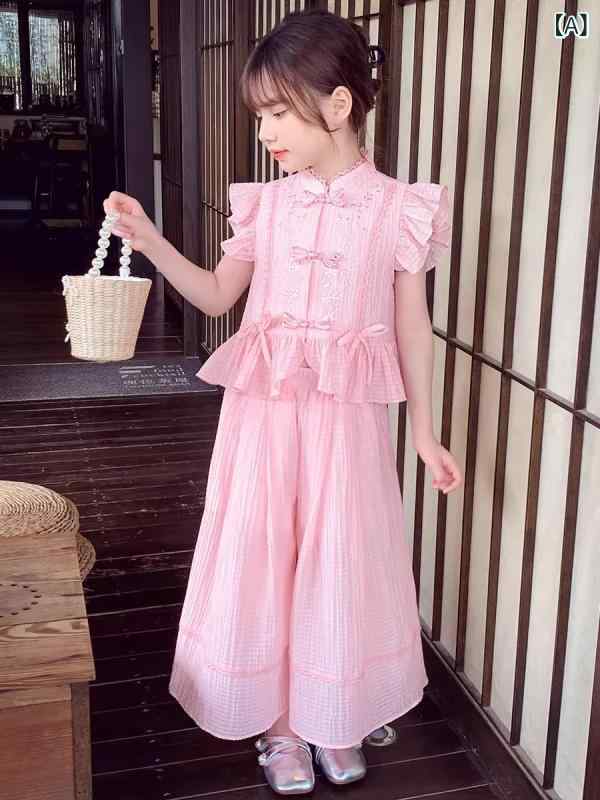 女の子 子供服 夏服 セットアップ トップス ノースリーブ 九分丈 ワイドパンツ ピンク ホワイト 涤纶 ポリエステル ポリエステル混紡 吸湿速乾 軽量 涼しい シンプル カジュアル 普段使い 部屋着 伸縮性 動きやすい かわいい 国風 洋気 ミックスス