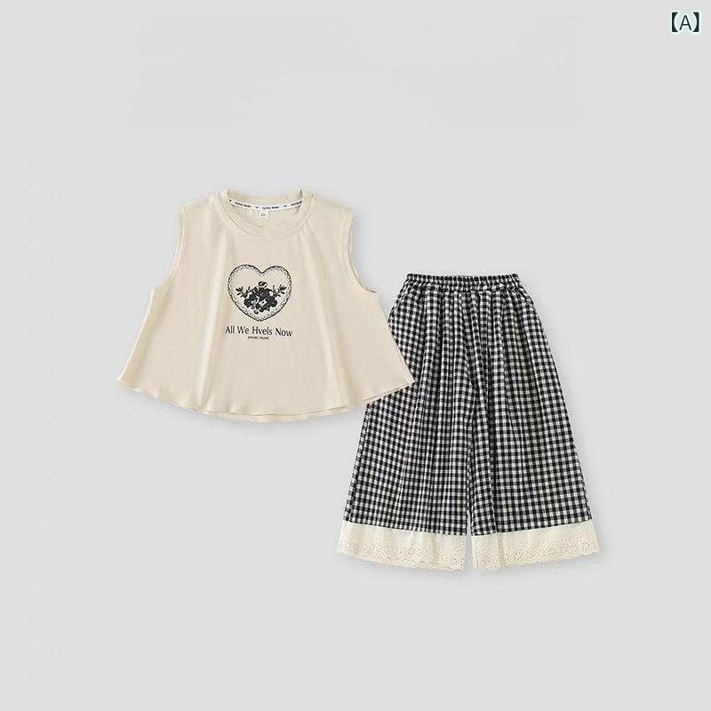 女の子 夏 背心 トップス 綿混紡 柔らかい 薄手 ノースリーブ かわいい スポーツ セットアップ カード 柄 韓国風 トレンド ワイドパンツ クロップド丈 クール ビブパンツ 2点セット 8歳以上 中学生 大学生 女児 夏服 日常使い 軽量 吸湿速乾