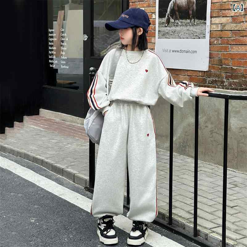 女の子 春夏 秋冬 トップス 長袖 プルオーバー トップス 綿 素材 柔軟 接触冷感 長ズボン セット 条紋 パターン グレー ブラック カラーバリエーション 伸縮性 吸湿速乾 軽量 普段使い 学校用 遊び着 子供服 8歳以上 140cm以上 対応 韓国