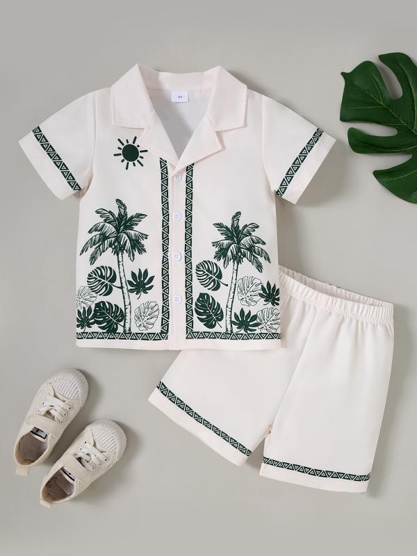 キッズ 男の子 春夏 セット トップス シャツ 半袖 Vネック ボタン 翻領 プリント 民族風 ココナッツ柄 薄手 ポリエステル 綿風 伸縮性 吸湿速乾 接触冷感 快適 短パン 膝上 軽量 通気性 普段使い アウトドア 米白 ホワイト 4Y 5Y 6Y