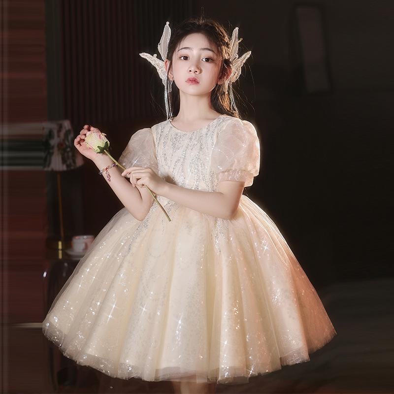乐天商城 - キッズ 女の子 プリンセスドレス 子供 礼服 誕生日 チュールスカート 蓬蓬スカート 中大童 短丈 演奏ドレス 香槟色 白色 秋 ポリエステル混紡 酵素洗い かわいい プリンセススタイル フォーマルウェア 100cm 110cm 120cm 130cm