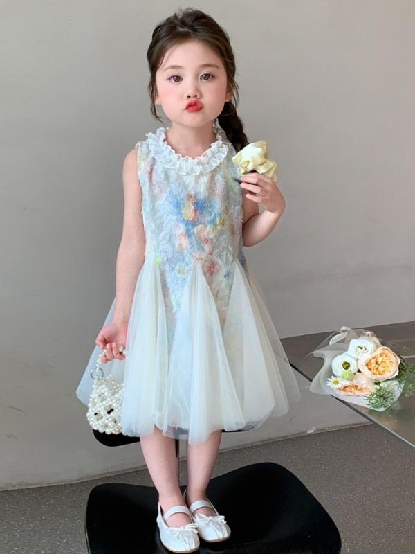 女児 プリンセスドレス 花柄 チュールスカート 夏用 子供 かわいい レース キャミソール フィッシュテール 短袖 コットン裏地 柔らかい 軽量 純色 ブルー 3〜8歳 100〜140cm