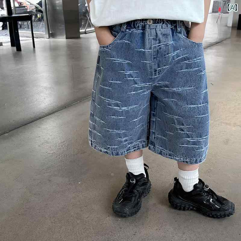 キッズ 男の子 夏 短パン 提花デニム 綿素材 接触冷感 伸縮性 柔軟 ミッドライズ ゴムウエスト 軽量 通気性 普段使い 遊び着 90-150cm 対応 海水ブルー ピュアカラー