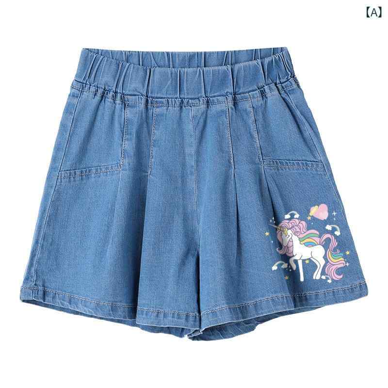 Other - 女児用 デニム ショートパンツ 子供 綿 素材 夏 春夏 薄手 軽量 伸縮性 通気性 柔軟 加工 かわいい カードゥ 柄 プリント アルファベット デザイン ミックス カラフル 浅ブルー ディープブルー ミッドライズ ゴム ウエスト ユニセックス ユニバ