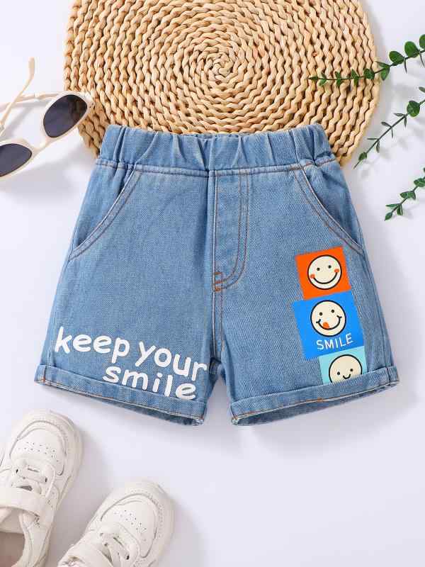 キッズ 男の子 デニム ショートパンツ かわいい プリント 柄 夏 秋 コットン 混 ポリエステル 涼しい 軽量 伸縮性 基本 スタイル 普段使い 遊び着 天ブルー ハイウエスト ストレート シルエット 中小 サイズ