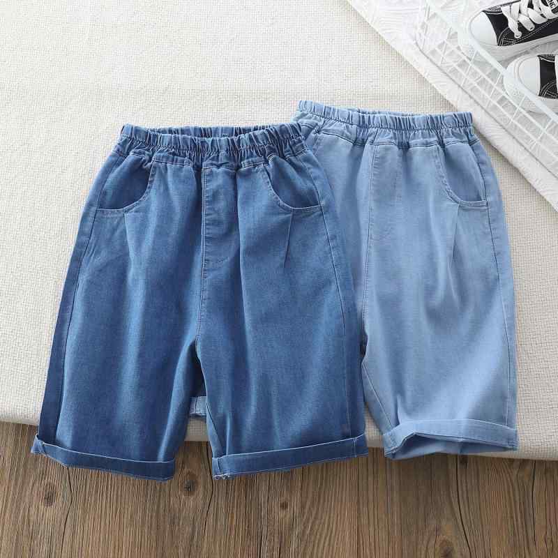 子供 ユニセックス 七分 デニム ショートパンツ 牛仔布 コットン 65% 柔軟処理 酵素洗 純色 牛仔ブルー ライトブルー ミッドライズ ゴムウエスト 夏用 春夏 キッズ 男の子 女の子 3〜8歳 100〜140cm 身長対応 軽量 通気性 伸縮性 日