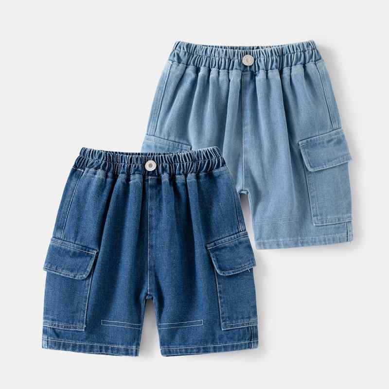 소년 송아지 쇼트 팬츠 키즈 여름용 데님 반바지 중 바지 아이 3~8세 면 부드러운 천 순색 디자인 조용한 스타일 깊은 파랑 사이드 대포켓 얕은 파랑 사이드 대포켓