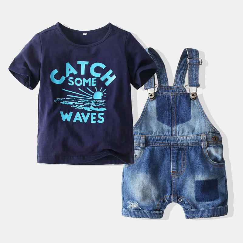 キッズ 男の子 夏用 短袖 Tシャツ 破れ デニム ショートパンツ セット コットン 素材 綿98% 吸湿速乾 普通厚 深ブルー ドット柄 アルファベット柄 フード付き ダブルボタン 閉じ スポーツ要素 バックル トレンド デザイン 1-3歳 80-10