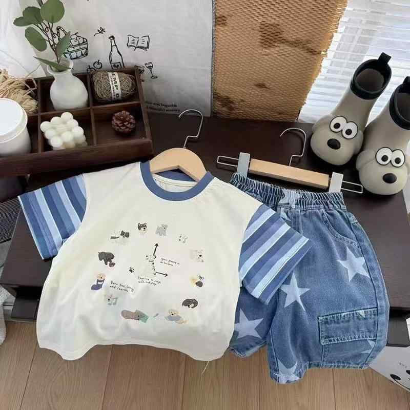 男の子 キッズ 子供 デニム ショートパンツ セット 夏 薄手 綿素材 柔らかい 軽量 伸縮性 カジュアル ストリート ファッション 短袖 トップス 組み合わせ 浅ブルー ベージュ 百搭 3〜8歳 100〜140cm 通年 普段使い アウトドア 遊び着