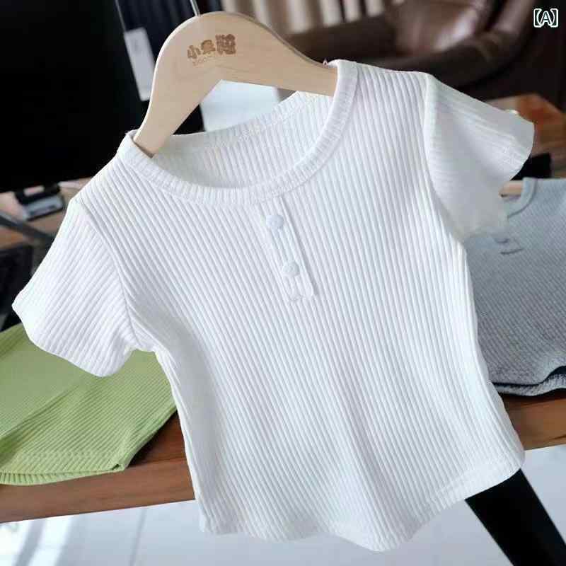 T-Shirts （Short Sleeve） - 女児 トップス キッズ 女の子 夏 短袖 丸首 Tシャツ 子供服 純色 綿 ポリエステル 柔らかい 抗菌 かわいい 百搭 修身 ハイウエスト 軽量 吸湿速乾 白色 グレー グリーン 普段使い