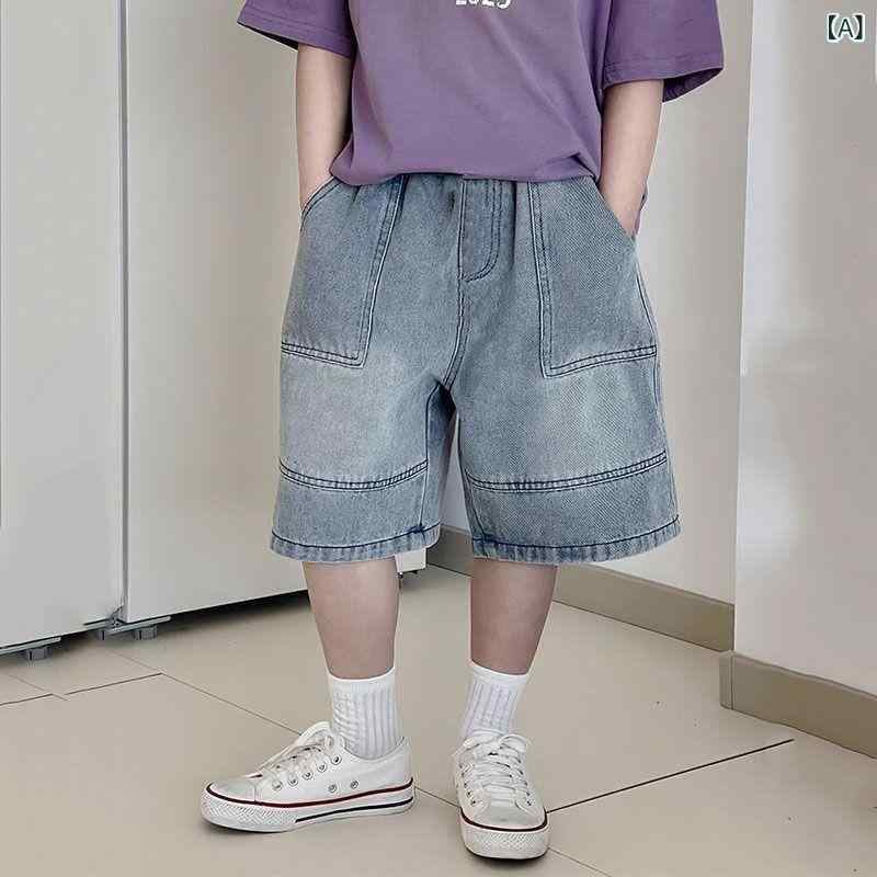 男の子 夏 短パンツ 牛仔 中腰 5分丈 綿混 再生繊維 ポリエステル 柔軟 薄手 軽量 吸湿速乾 運動スタイル 普段使い ブルー カジュアル 子供服 通気性 伸縮性 切り替えデザイン ミッドライズ ボーイッシュ 夏服 アクティブ デニム ソフトタッチ