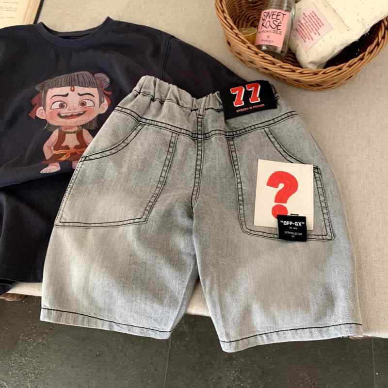 キッズ 男の子 牛仔 ショートパンツ 夏 薄手 綿 95パーセント グレー 中腰 5分丈 ゆったり シルエット 基本 デザイン 柔軟 素材 接触冷感 吸湿速乾 軽量 普段使い 遊び着 潮 スタイル カジュアル 子供服 通年対応(4.0)