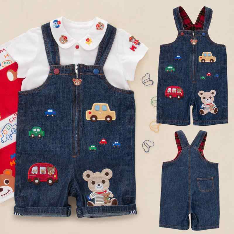 子供用 デニム 背広パンツ 男の子 女の子 夏 コットン 綿素材 100% かわいい 動物プリント カード 座り熊 バス柄 短パン 膝下丈 中腰 伸縮性 吸湿速乾 通気性 軽量 普段使い カジュアル 子供服 3〜8歳 100〜140cm