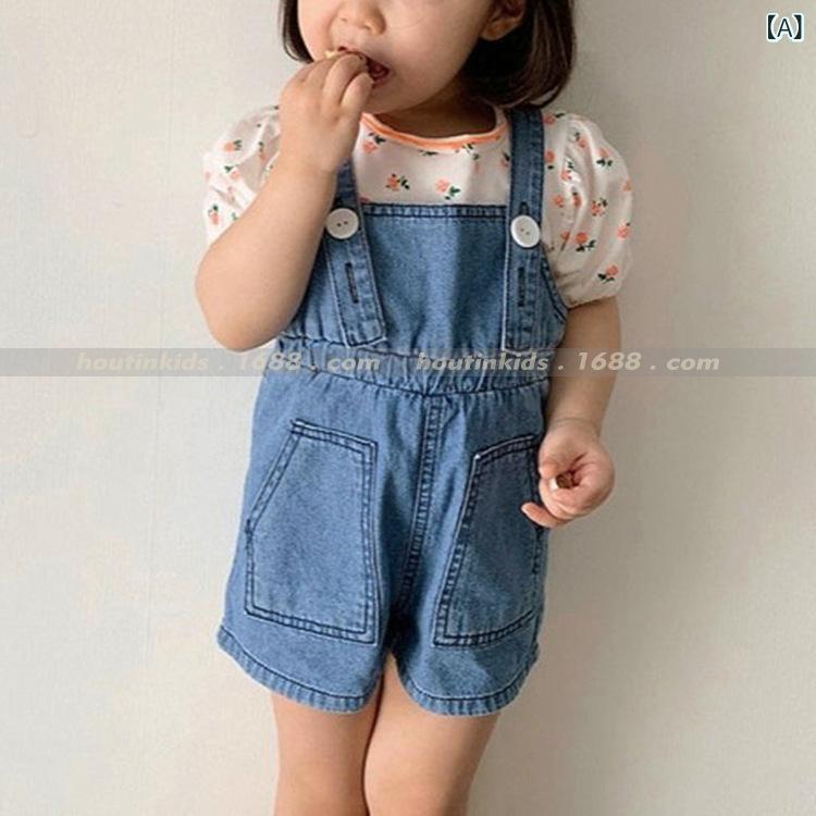キッズ 男女兼用 夏 牛仔 背带 短パン 柔軟 酵素洗 綿95% 中腰 ボタン かわいい 潮風 純色 深藍 浅藍 軽量 通気性 伸縮性 普段使い カジュアル(x3)