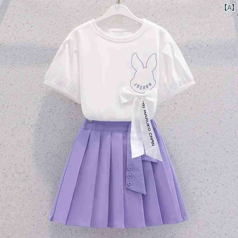 女の子 スカートセット 夏服 子供服 短袖 薄手 休闲 百褶スカート 2点セット 紫色 黒 ポリエステル コットン混 吸湿速乾 カジュアル かわいい キャラクタープリント 通学 遊び着 中学生向け 大きめサイズ 軽量 伸縮性