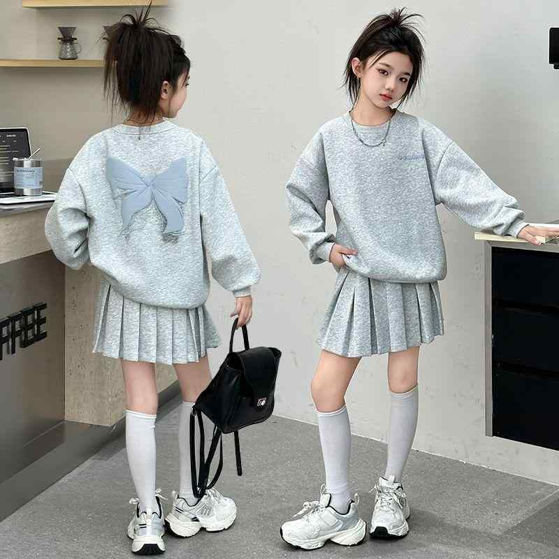 キッズ 女の子 秋冬 トップス プリーツスカート セット かわいい 蝶結び 長袖 コットン 柔らかい 生地 純色 グレー 安全パンツ 付き 120-170cm 通学 普段使い 伸縮性 普通 厚み 8歳以上 中大童 人気 スタイル 甘め デザイン 実用的