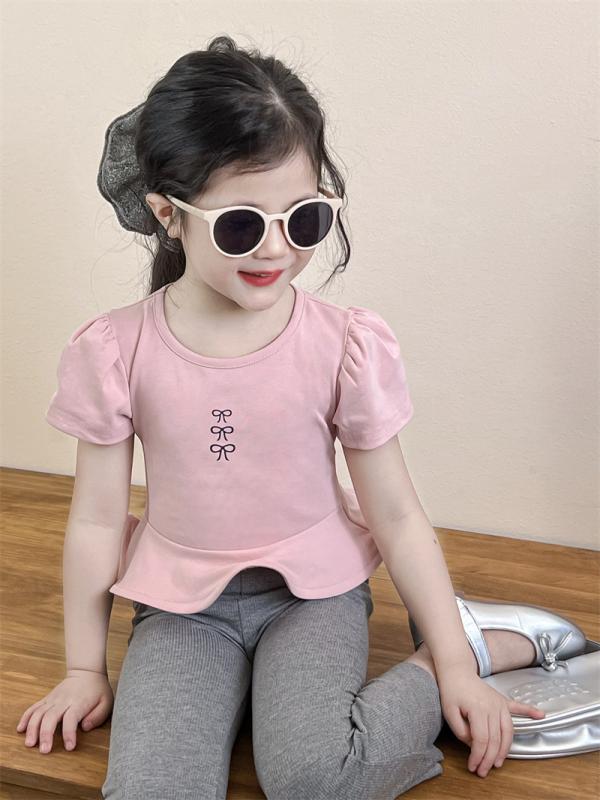 女の子 春夏 キッズ トップス 短袖 Tシャツ フリル 花辺 綿混 ポリエステル 柔らか素材 ピンク かわいい セット 女の子 ボトムス スリム フィット 喇叭パンツ クロップド スタイル 日常着 通学用 伸縮性 吸湿速乾 軽量 快適 子供服 3-8歳