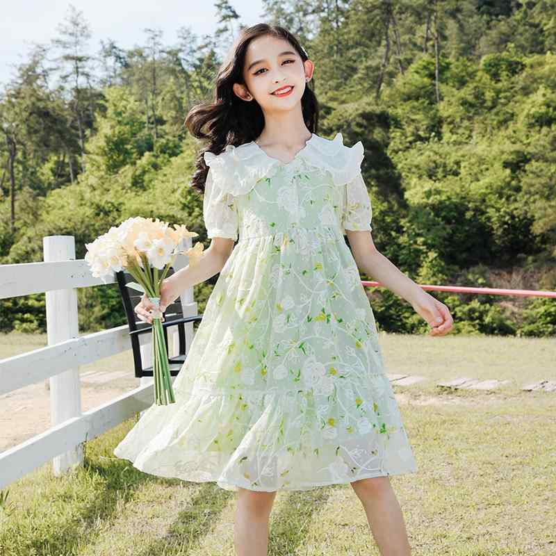 Dress Suits （Girls） - 女児 ワンピース 春夏 子供服 女の子 かわいい 韓国風 プリンセススカート 雪纺 軽量 通気性 薄手 短袖 切り替え デザイン 浅緑 白 綿 裏地 ポリエステル 混紡 中大童 8歳以上 夏 普段使い 涼しい 伸縮性 吸湿速乾 140cm 以上
