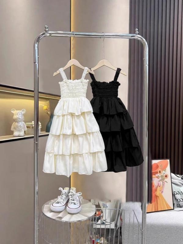 Suits, Tuxedos （Boys） - 女の子 ワンピース 夏用 薄手 吊り紐 ケーキスカート プリンセススカート 韓国風 かわいい 切り替え フレア スカート 綿混紡 ポリエステル 柔らかい 生地 黒 白 カートゥーン柄 女児 中大童 8歳以上 140cm以上 軽量 通気性 吸湿速乾 普段使