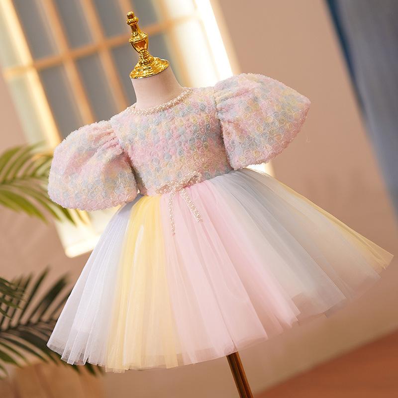 Suits, Tuxedos （Boys） - 女の子 ドレス 礼服 キッズ 女児 1歳 誕生日 百日祝い プリンセス スカート チュチュ スカート 虹色 七彩 ピンク かわいい 花柄 プリント ポリエステル 混紡 生地 フレア プリーツ 加工 ふんわり シルエット フルレングス ロング ドレス 通年