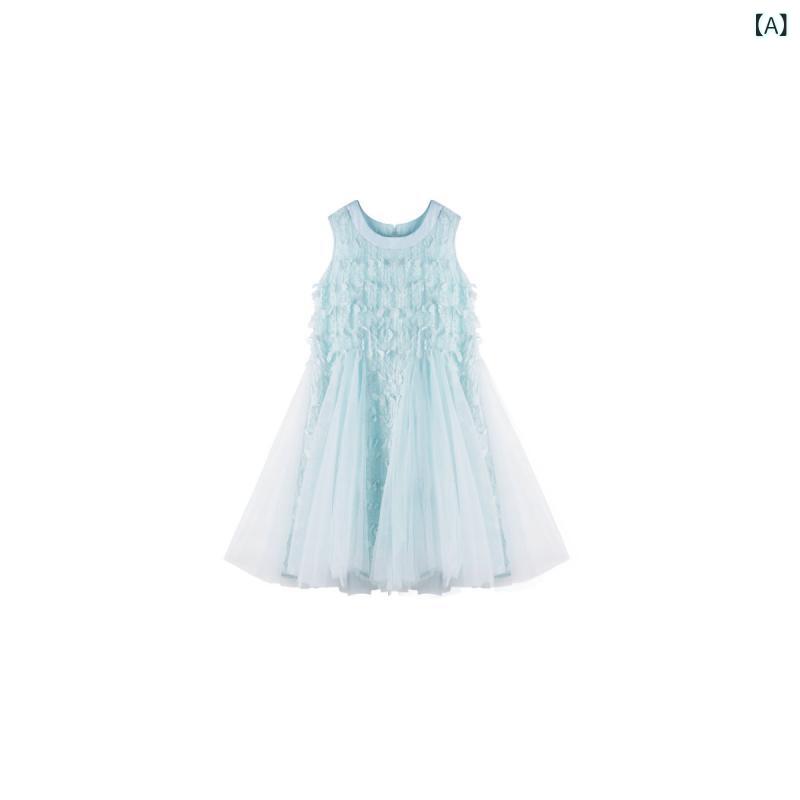 女児 キッズ 女の子 プリンセス ドレス 連衣裙 夏 春夏 涼しい 涼感 ポリエステル 涤纶 100% チュール レース チュールネット 刺繍 フリンジ タッセル 装飾 フラウンス スカート 裾 レイヤード レイヤー 軽量 伸縮性 吸湿速乾 接触冷感 爽