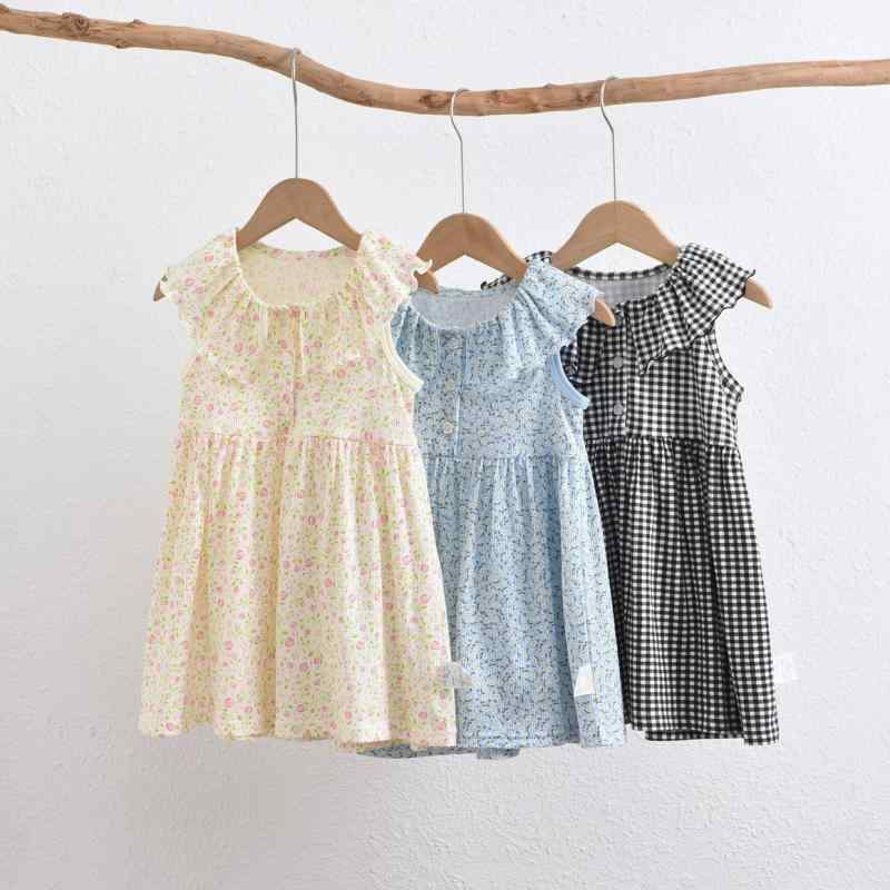 キッズ 女の子 ワンピース 夏 春夏 綿 接触冷感 フレア プリンセス かわいい 田園風 花柄 レース 花びら縁 無袖 格子 花 ピンク系 ブラック ホワイト 柔らかい 通年 軽量 吸湿速乾 百搭 甘め 爽やか