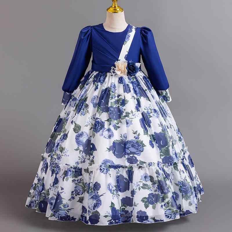 子供服 女の子 プリンセスドレス フリル フラワー柄 雪紡 ワンピース 礼服 春夏秋冬 通年 通勤 普段使い 部屋着 外出 軽量 伸縮性 吸湿速乾 酵素洗 ポリエステル 綿 ライニング ビッグシルエット Vネック ロング丈 かわいい デザイン 宝ブルー