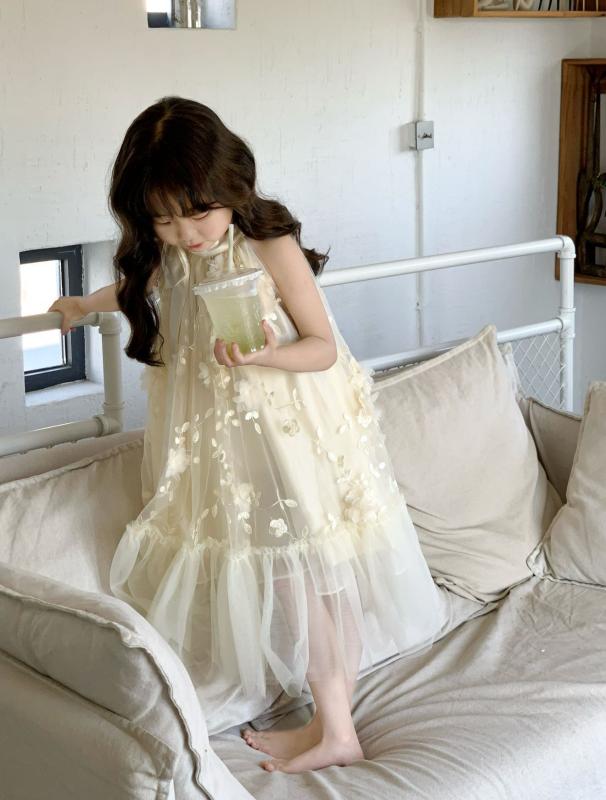 女児 ドレス 女の子 子供服 夏用 ハロー首 花びら ガゼ スカート プリンセス スカート ボヘミアン コットン ポリエステル 軽量 かわいい ピンク系 アイボリー 3～8歳 90～140cm 基本款 通気性 吸湿速乾 仙女風 法式 連衣裙 背心スカート