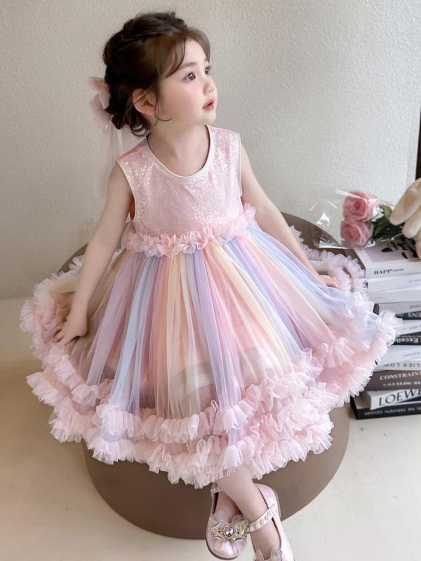 女児 ドレス キッズ 女の子 春夏 吊り帯 背心 無袖 プリンセス スカート 子供服 女児服 かわいい 夏服 礼服 虹色 チュール レース ポリエステル 綿 裏地 柔らかい ピンク 紫 3〜8歳 90〜140cm 純色 ビビッド 軽量 涼しい 通気性 か(4.0)