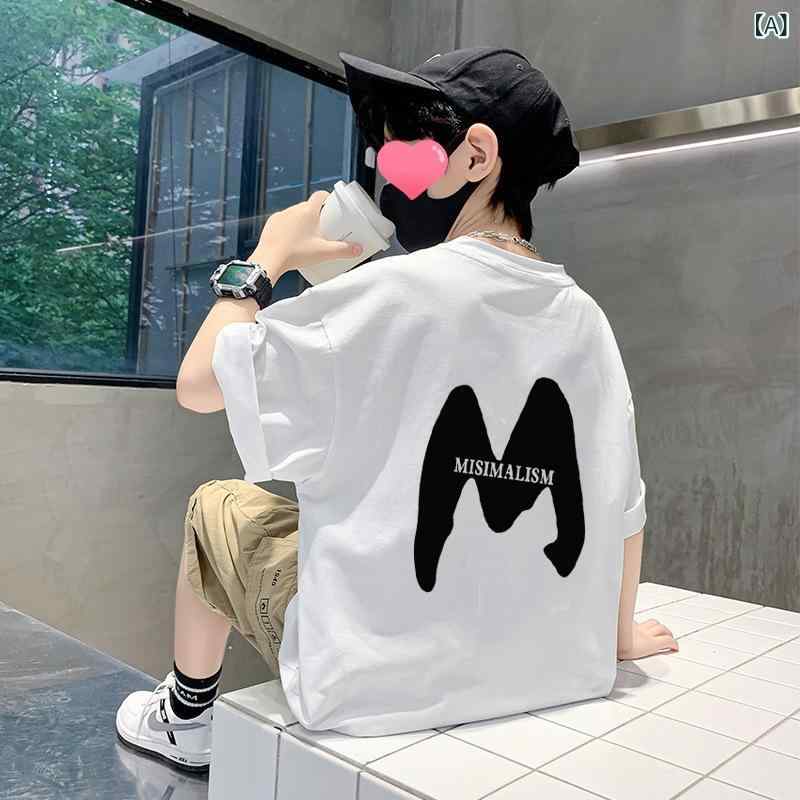 キッズ Tシャツ 男の子 半袖 トップス 春夏 子供服 綿素材 丸首 ゆったりシルエット アルファベット柄 印花デザイン 白色 ブラック 伸縮性 吸湿速乾 軽量 通気性 カジュアル 普段使い 遊び着 アウトドア