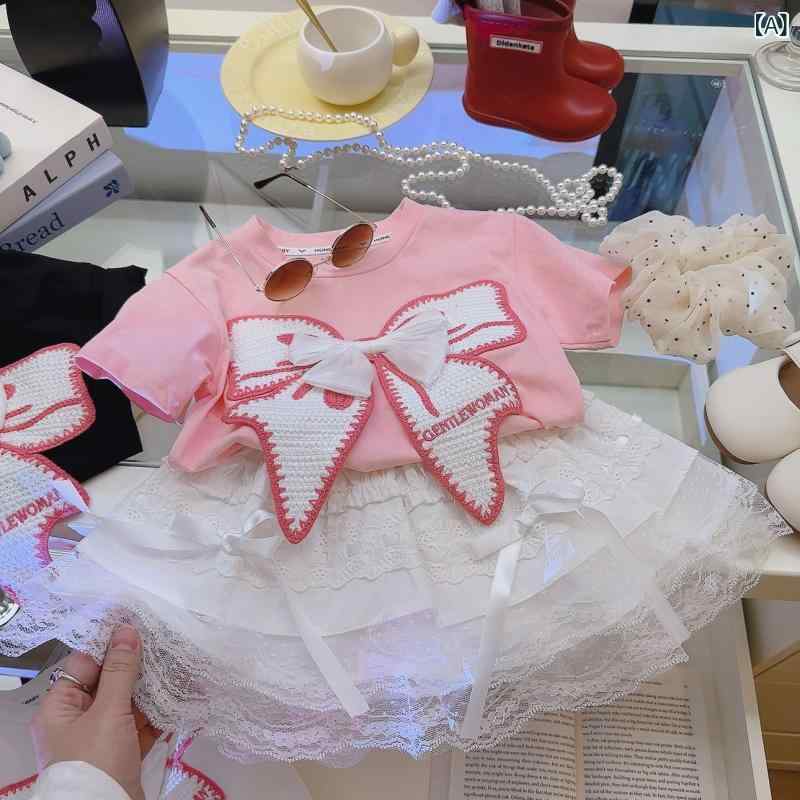 T-Shirts （Short Sleeve） - 女児 トップス 女の子 子供服 キッズ 短袖 Tシャツ 夏服 ピンク ブラック ホワイト ピンク 100%コットン 綿素材 柔らかい生地 丸首 立体リボン レース かわいいデザイン 3〜8歳 100〜140cm 通気性 吸湿性 日常着 遊び着 軽量 伸縮
