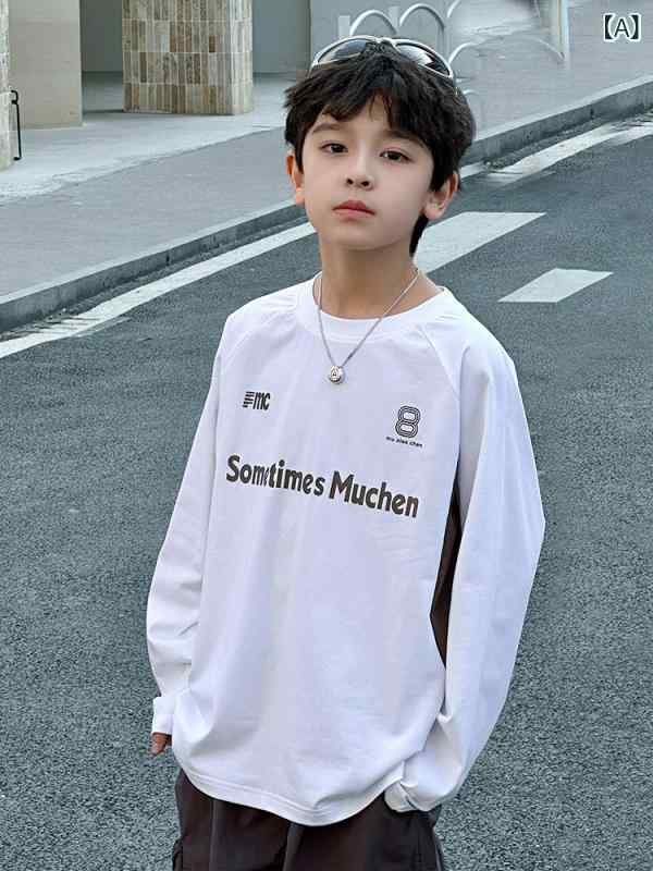 Rakuten - キッズ 男の子 中学生 大学生 長袖 Tシャツ トップス ユニセックス 韓系 切り替え アルファベット プリント 丸首 コットン 柔らかい 吸湿排汗 春秋 春夏 秋冬 白 ライトブルー カジュアル 普段使い 学校着 伸縮性 通気性 軽量 シンプル スタイ