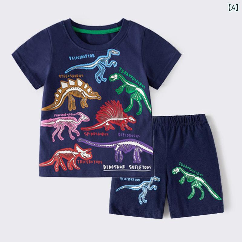 男の子 短袖 Tシャツ トップス 恐龍 プリント 綿 100% 柔らかい素材 丸首 夏 春夏 欧米風 カジュアル 普段使い 子供服 3〜8歳 100〜140cm ネイビー ブルー セット 上下 分かりやすい 伸縮性 吸湿速乾 通気性 軽量 安全 B級 無