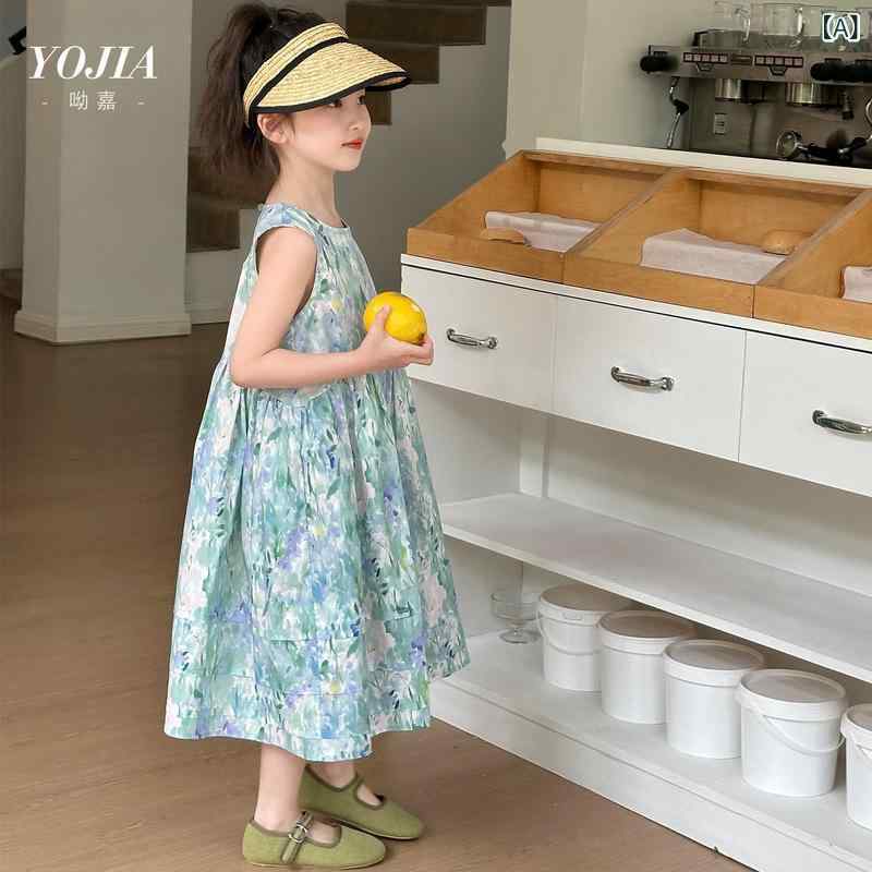 女児ワンピース 女の子用 夏用 春夏 無袖 プリンセスライン かわいい 小花柄 甘め 甘い 綿混 ポリエステル 軽量 伸縮性 吸湿速乾 通気性 イージーケア 日常着 遊び着 110cm 120cm 130cm 140cm 150cm 160cm 170c