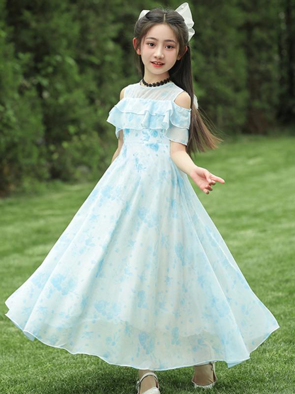 女児 ドレス 女の子用 夏用 吊り帯 背心型 かわいい 甘め プリント 花柄 フレアスカート Aライン 軽量 涼しい 雪紡 ポリエステル 再生繊維 接触冷感 吸湿速乾 淡いブルー 淡いピンク パープル イエロー ワインレッド