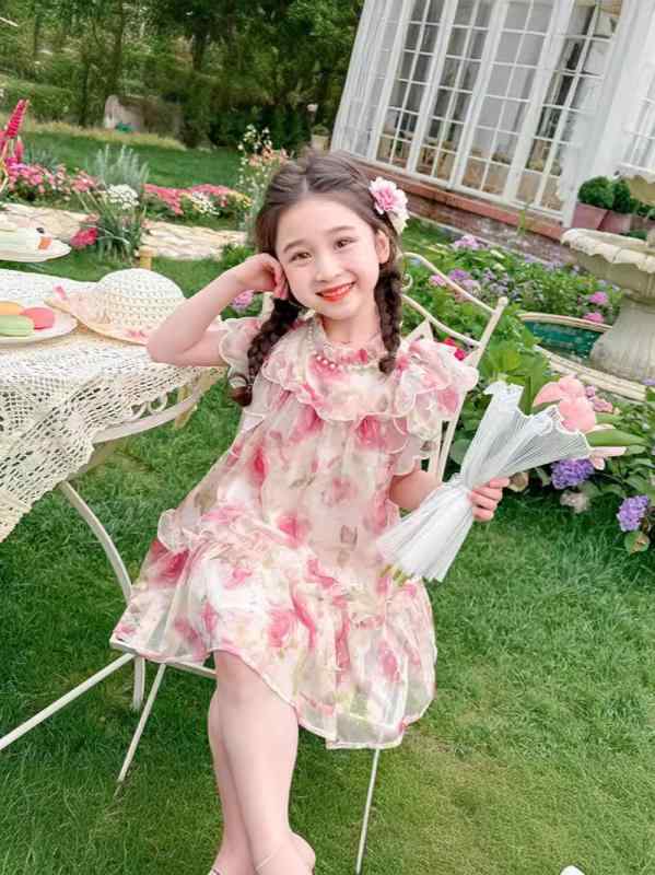 女の子 ワンピース 夏 キッズ 女児用 薄手 シフォン 花柄 フレアスカート かわいい プリンセス デザイン 接触冷感 柔らかい 綿混 ピンク イエロー 軽量 吸湿速乾 ビーチ 遊び着 通園着 100～140cm
