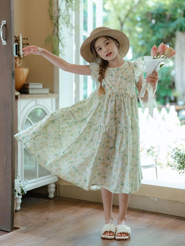 女児用 夏 ワンピース 子供服 コットン 生地 接触冷感 フレッシュグリーン フラワー柄 インナー付き プリンセス スタイル かわいい 花柄 スカート Aライン スカート 薄手 軽量 柔らかい 素材 夏服 ガールズ ドレス 女の子 服 通気性 速乾 ファ