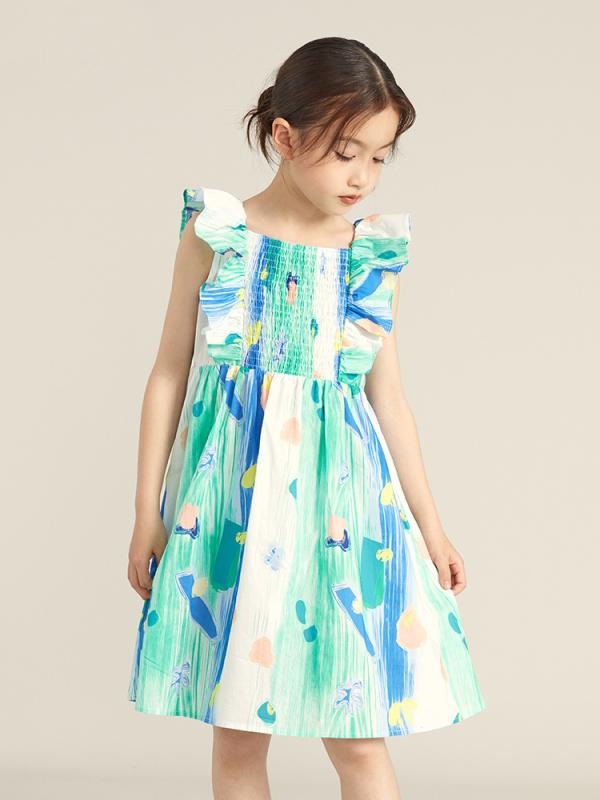 女児 ワンピース 春夏 かわいい フラワー柄 Aライン 綿100% 緑 木耳エッジ 袖 軽量 通気性 吸湿速乾 中大童 110cm 120cm 130cm 140cm 150cm 160cm 田園 カジュアル 普段使い