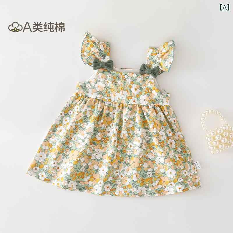 女の子 ワンピース 子供 ベビー 夏用 吊り下げ 無袖 Aライン プリンセス スタイル 綿 100% 柔らかい 素材 花柄 プリント 花海 カラー 接触冷感 吸湿速乾 通気性 かわいい デザイン 部屋着 普段使い 軽量 伸縮性 赤ちゃん 女児 スカート