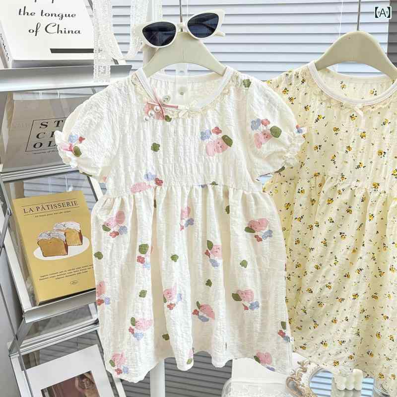 女児 ワンピース 女の子 夏 プリンセス スカート かわいい 中長丈 フラワープリント スカート ピンク イエロー ラベンダー 蝶結び 涤纶 ポリエステル バイスクス 吸湿速乾 軽量 涼しい 子供服 ガールズ 普段使い 遊び着 通学 通園 プリント柄 花