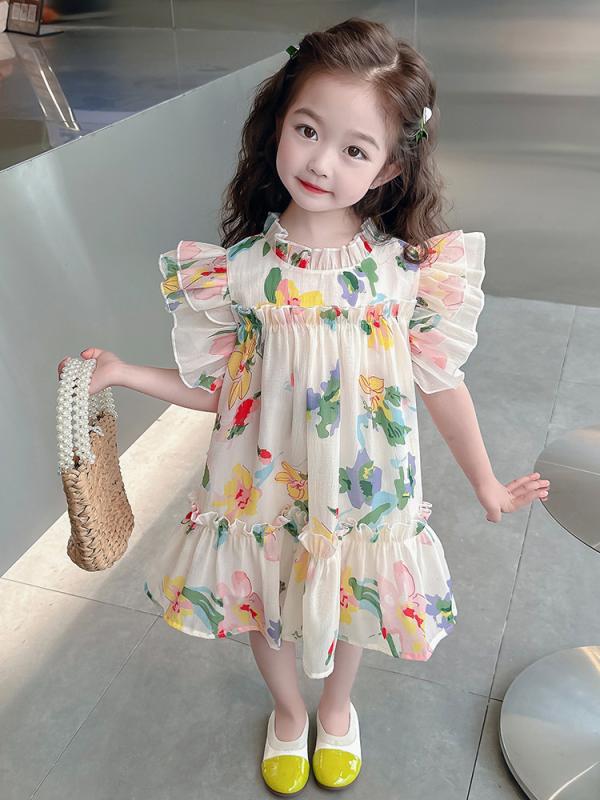 キッズ 女の子 ワンピース 夏用 プリンセススカート 無袖 フレア かわいい 花柄 綿 裏地 接触冷感 軽量 伸縮性 通気性 田園スタイル 3〜8歳 90〜160cm サイズ展開 子ども服 ガールズ トップス ドレス フレッシュ カラー ピンク系 アイボ
