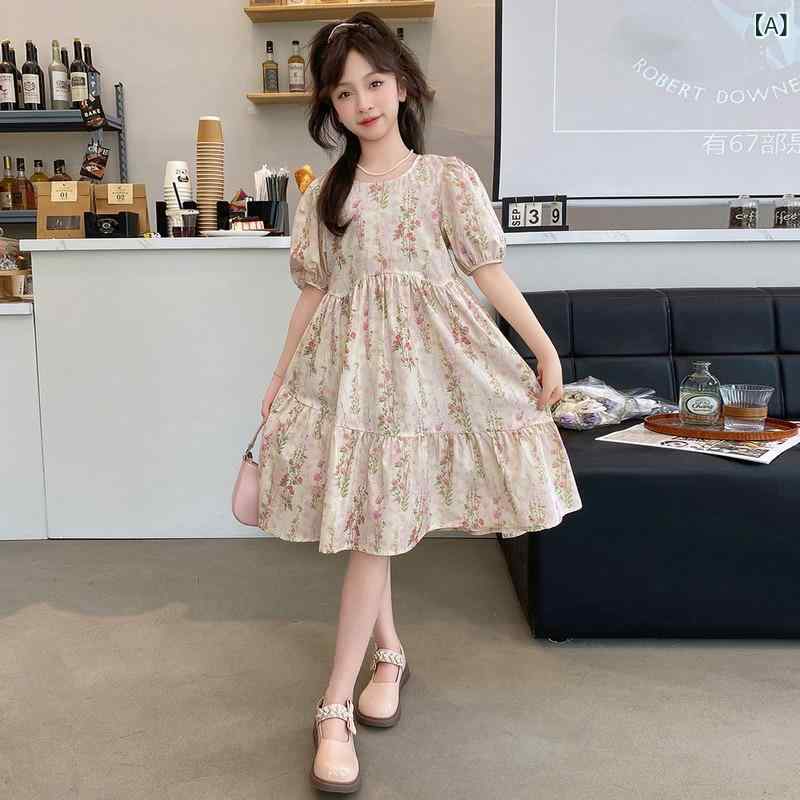女児 ワンピース 子供用 春夏 コットン 素材 フレンチ スタイル フレッシュ フラワー プリント かわいい 甘め A ライン スカート ピンク ブルー 柔らか 生地 軽量 通気性 吸湿性 日常使い 女の子 服 夏服 ミッド チルドレン 8歳以上 120