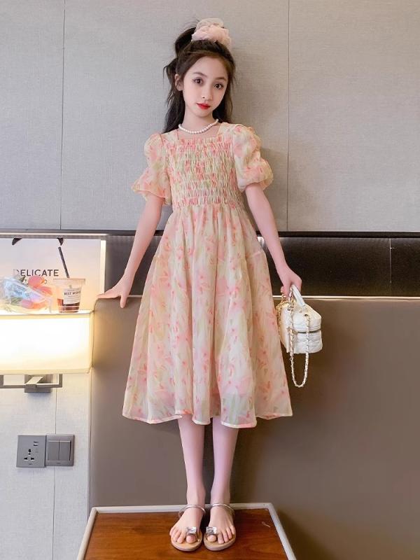 女児 ワンピース 夏 レディース キッズ 子供 女の子 薄手 軽量 透気 吸湿速乾 プリント柄 フラワー柄 フレアスカート 泡泡袖 フレアスリーブ プリンセス スカート ファッション ガーリー かわいい ポリエステル 綿混 コットン 風 通気性 涼しい