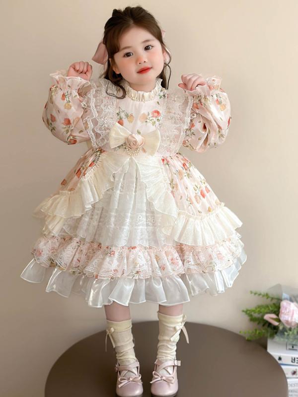 女の子 ロリータ プリンセスドレス 長袖 連衣裙 かわいい 花柄 綿混紡 コットン 80% プリンセス スタイル 春 秋 シーズン 中小学生 3-8歳 100-140cm サイズ プリーツ スカート ガーリー ファッション 日常着 学校着 安全 B級 浙