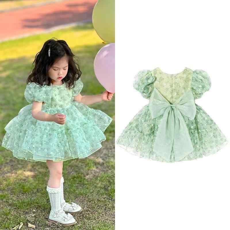 女児 子供 ワンピース ドレス プリンセススカート 夏 春夏 緑 小花柄 かわいい 甘め 短袖 超短丈 切り替えスカート 網纱 再生繊維 伸縮性 軽量 通気性 女の子 女童 8歳以上 中大児 日常使い 遊び着 爽やか 洋気 ビッグシルエット