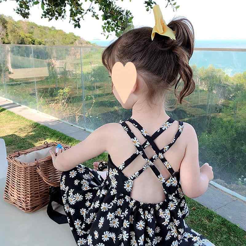 女の子 ワンピース 夏 吊り帯 スカート 綿 モダール 生地 接触冷感 軽量 吸湿速乾 プリンセス スタイル フレッシュフラワー 柄 デイジー モチーフ 黒 色 不規則 裾 かわいい 洋気 デザイン 女児 服 部屋着 普段使い ビッグ シルエット Vネッ